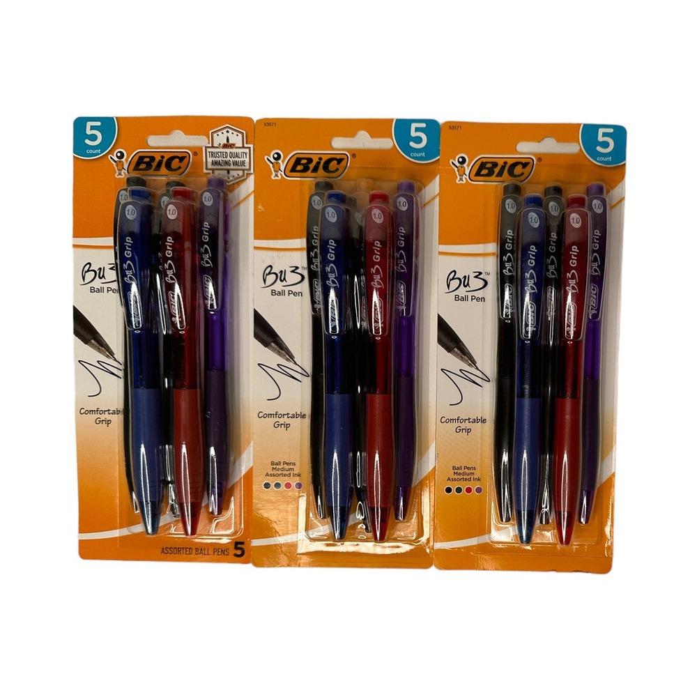 NEW BIC BU3 Retractable Ballpoint Pens 1.0 mm Medium Assorted Ink 3x5 Pack 15